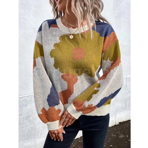 Floral Print Pullover Knit Sweater Multicolor Crew Neck Long Sleeve - Picture 5 of 7